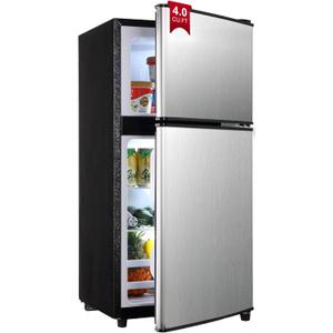 Mini Fridge with Freezer, 4.0 Cu. Ft. Double-Door Mini Refrigerator with 7-Level Adjustable Thermostat & Adjustable Glass Shelves, Compact Dorm Fridge 37 dB Low Noise for Bedroom, Apartment, Silver
