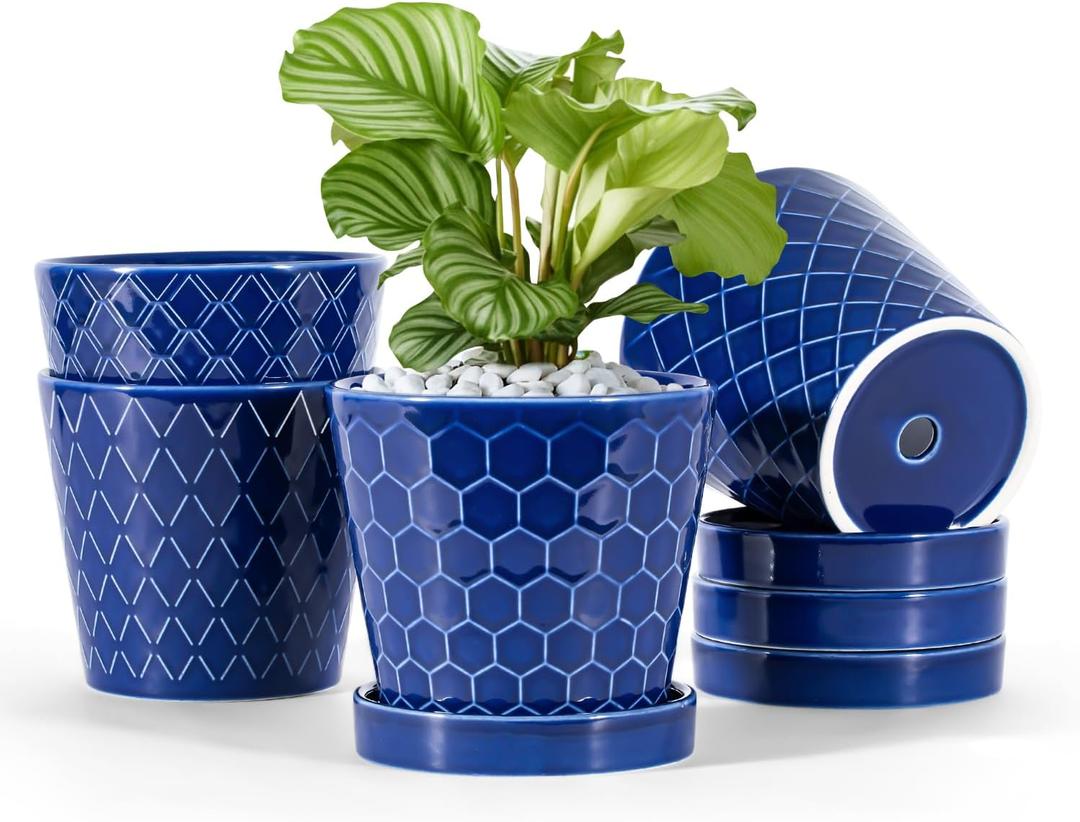 Ceramic Plant Pots 5 inch Indoor Flower Pot with Drainage Hole and Ceramic Tray - Gardening Home Desktop Office Windowsill Decoration Gift, Set of 4-Plants NOT Included(Blue) (Small)