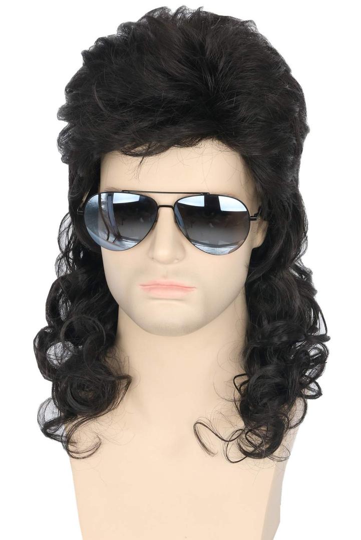 Topcosplay Men's 80s Mullet Wig - Black Curly Male Wig for Halloween Costumes, Punk Rocker Style