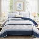 DJY Striped Quilt Set King Size, Navy Blue Boho Striped Patchwork Leaves Printed Bedspread Coverlet Set 3 Pieces Soft Lightweight Microfiber Quilted Bedding Set for All Season (104"x90")
