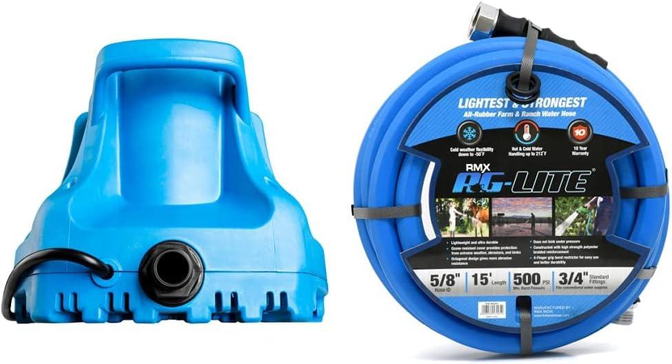 Little Giant 577301 APCP-1700 Automatic Swimming Pool Cover Submersible Pump, Blue & AG-Lite Rubber Hot & Cold Water Rubber Garden Hose: Ultra-Light & Super Strong (5/8" x 15') - BSAL5815