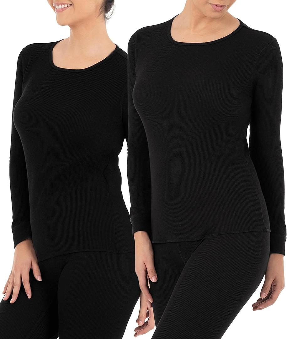 Fruit of The Loom Women's 2-Pack Micro Waffle Thermal Crew Top, Black/ Black, Small