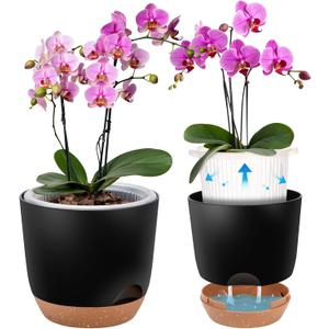 Self Watering Orchid Pots for Indoor Plants,5.8 Inch Macetas para Orqudeas,Flower Pots for Indoor Plants with Holes(Black) (2Pc 5.7IN)