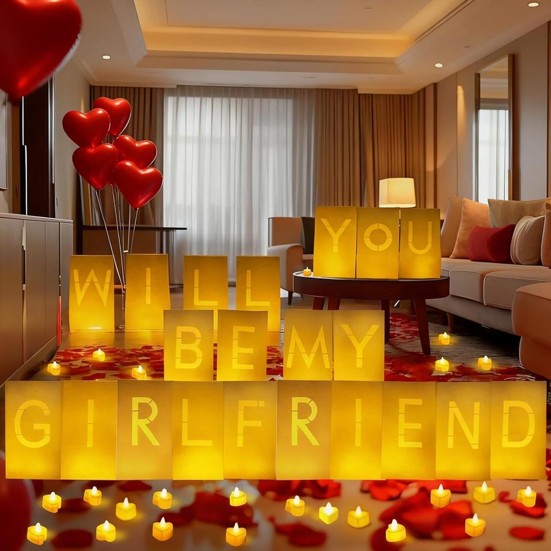 Will You Be My Girlfriend Decorations Valentines Day Surprise Set with Light Up Letters, 30 Tea Light Candles, 2000 Rose Petals, 10 Balloons Luminary Bags for Romantic Setup