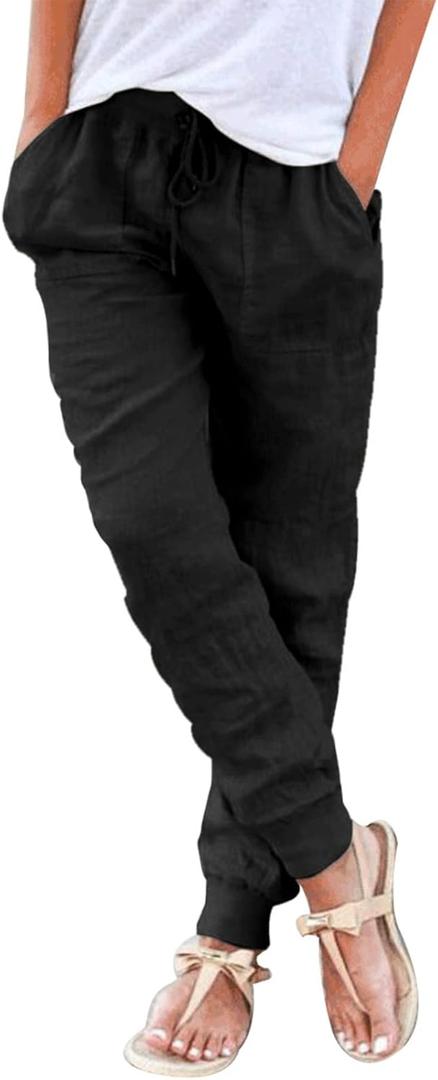 Puimentiua Womens Tapered Pants Cotton Linen Drawstring Back Elastic Waist Pants Casual Trousers with Pockets L