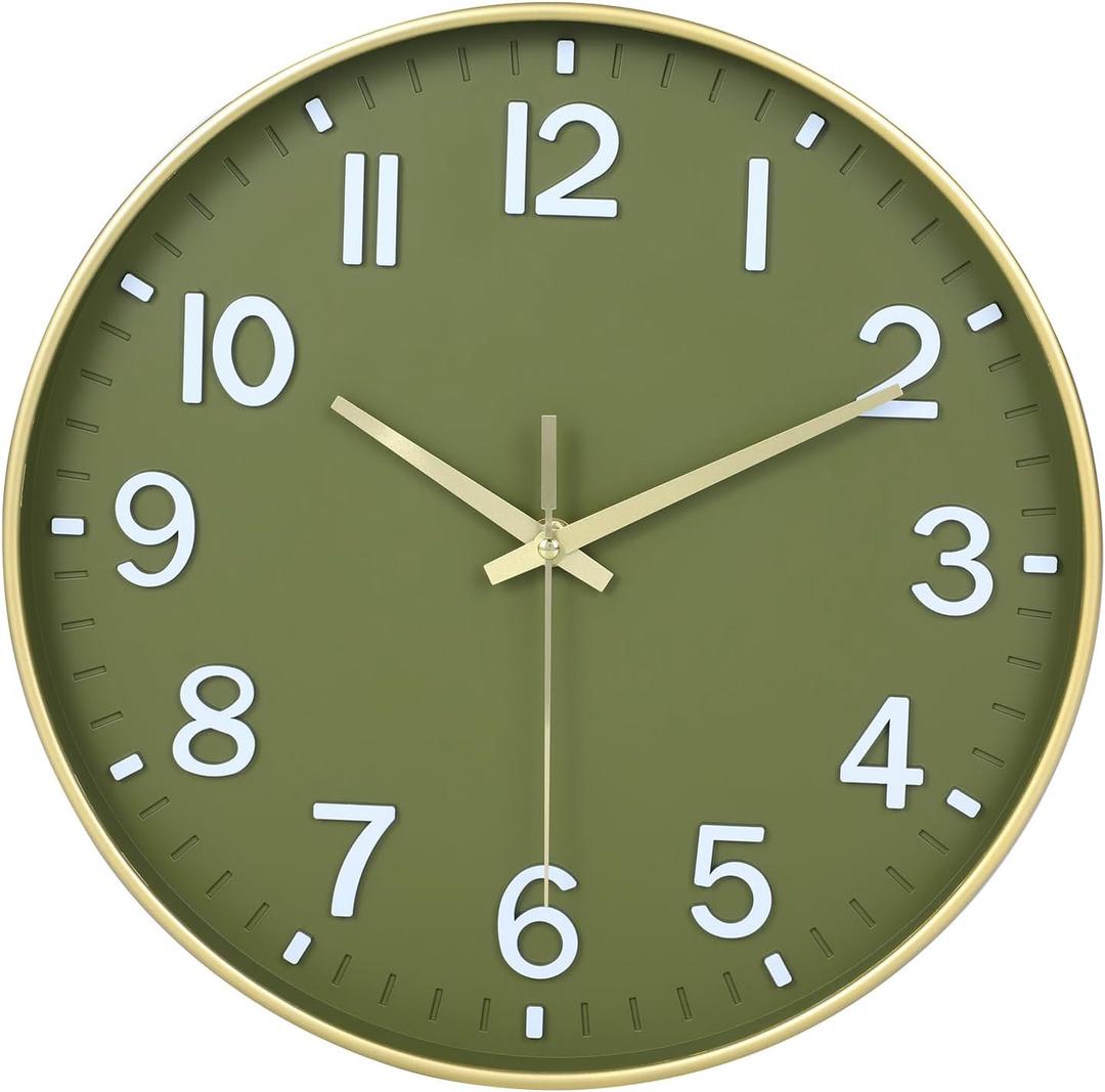 HZDHCLH Wall Clocks Battery Operated,Wall Clock Green Gold,10 inch Wall Clock Silent Non Ticking Modern 3D Numbers for Kitchen Bedroom Living Room Office Classroom Decor