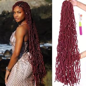 Burgundy red Soft Locs 36 Inch 7 Packs Crochet Hair Faux Locs Pre-looped Super Lightweight Goddess Locs color 530 Synthetic Crochet Hair Braids For Black Women (Bug, 36 Inch, Pack of 7）