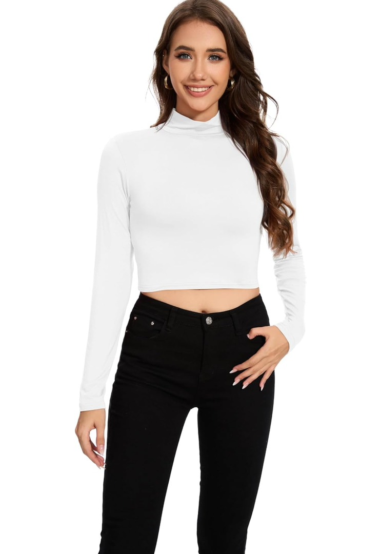 MadHeart Womens Long Sleeve Crop Tops Slim Fit Cropped Mock Neck Base Layer Shirts