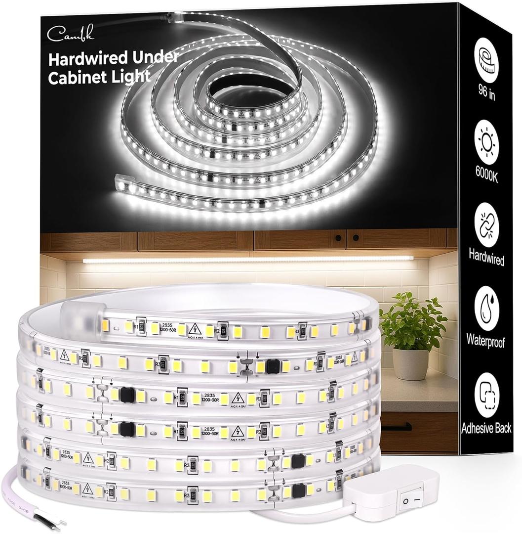 96inch Hardwired Under Cabinet Lighting for Kitchen, 6000K White Wired Undercounter Waterproof Led Strip Lights, Luces para Cocina Bajo Gabinete Under Shelf Lights