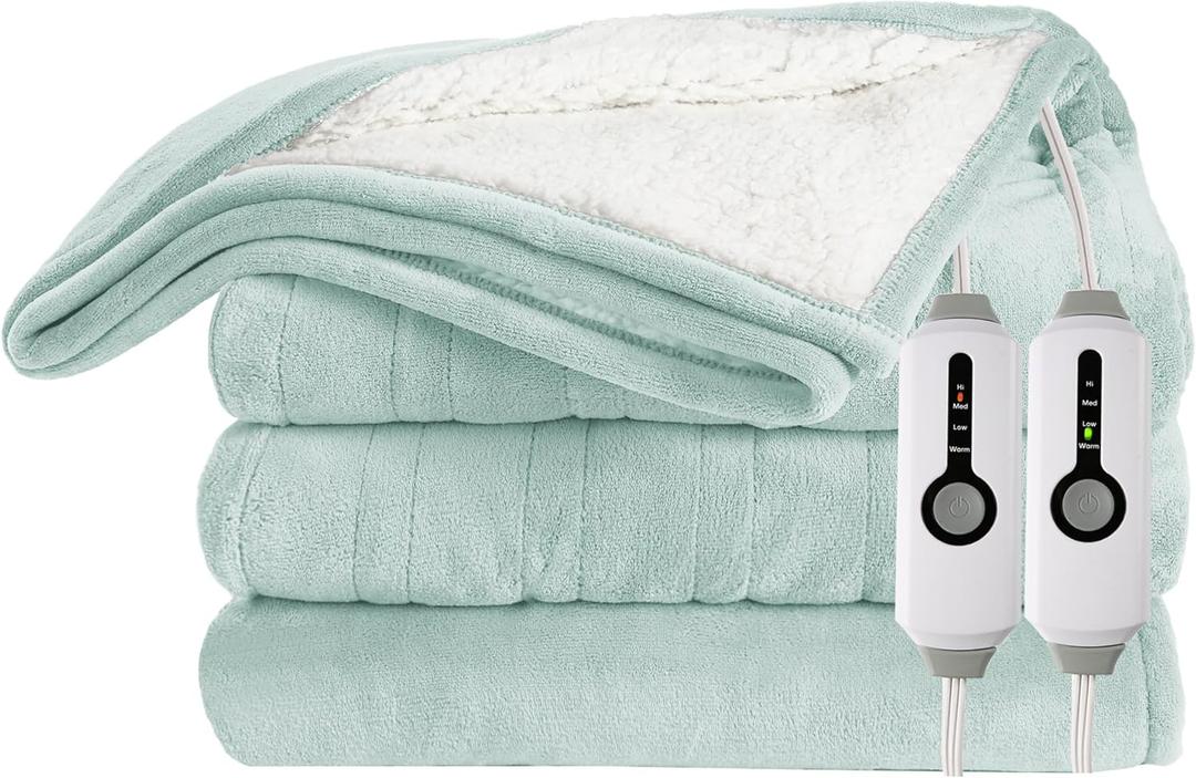Electric Heated Blanket 84"x90" Queen Size Microplush Cover Blanket, 4 Heat Settings & 10 Hours Auto Off, Cozy & Warm for All Night, Machine Washable, Light Green (06-aqua)