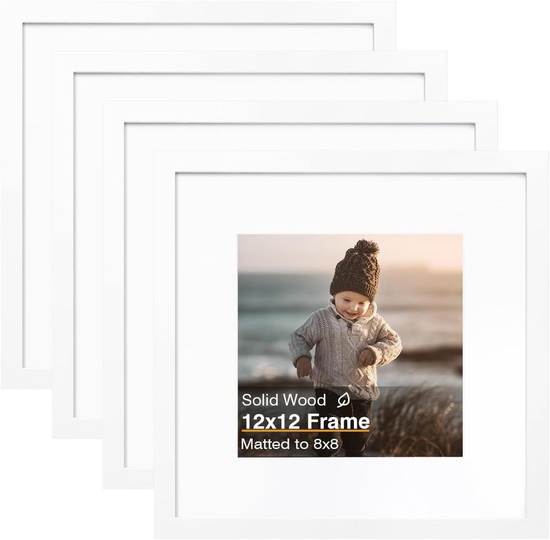 KINLINK 12x12 Picture Frame, White Square Solid Wood Frames for Pictures 8x8 with Mat or 12x12 without Mat, Wall Display Photo Frames White 4 Pack