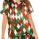 ASTANFY Silk Satin Pajama Set Womens Silk Satin 2 Piece Pjs Shorts Sleepwear Christmas Button Down Shirt Bride Pj Lounge Sets (M)