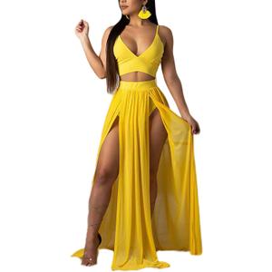 Women Sexy 2 Piece Outfits Dress Chiffon Strap Deep V Neck Bra Crop Top High Split Maxi Dresses Skirt Set (Large, Yellow)