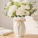 White Ceramic Vase with Ribbon Vases for Flowers, White Flower Vase for Home Decor, Modern Farmhouse Table Centerpiece, Housewarming, Pampas Grass, Living Room