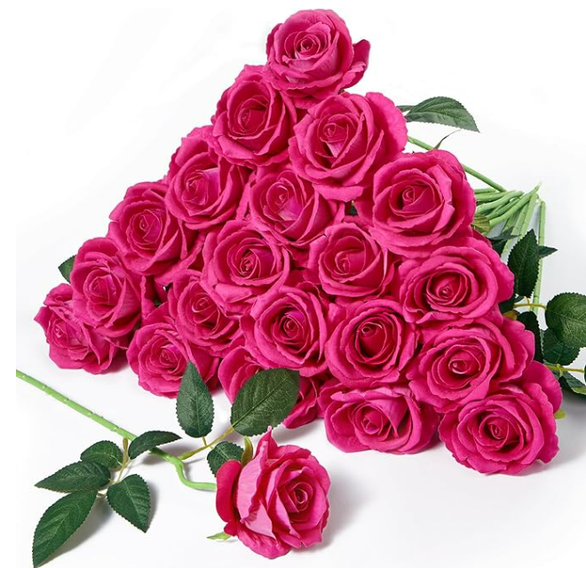 Serwalin 20pcs Artificial Roses, 4'' Big Flower Head, Hot Pink Roses Velvet Real Touch, Silk Fake Roses Long Stem Realistic Bouquet for Wedding Table Centerpiece and Home Decor