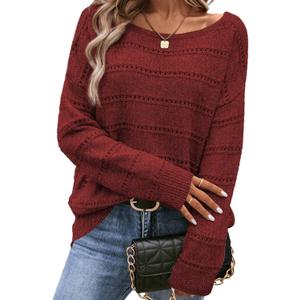 SHEWIN Women's Sweaters Crew Neck Crochet Sweater Lightweight Knit Long Sleeve Tops Shirts Loose Fit Spring 2026 (Red Dahlia) L