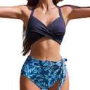 AI'MAGE Womens High Waisted Bikini Sets Tummy Control Swimsuits Two Piece Swim Suits 2025 Crisscross Tie Back Bathing Suits (Medium, Blue Leaves)