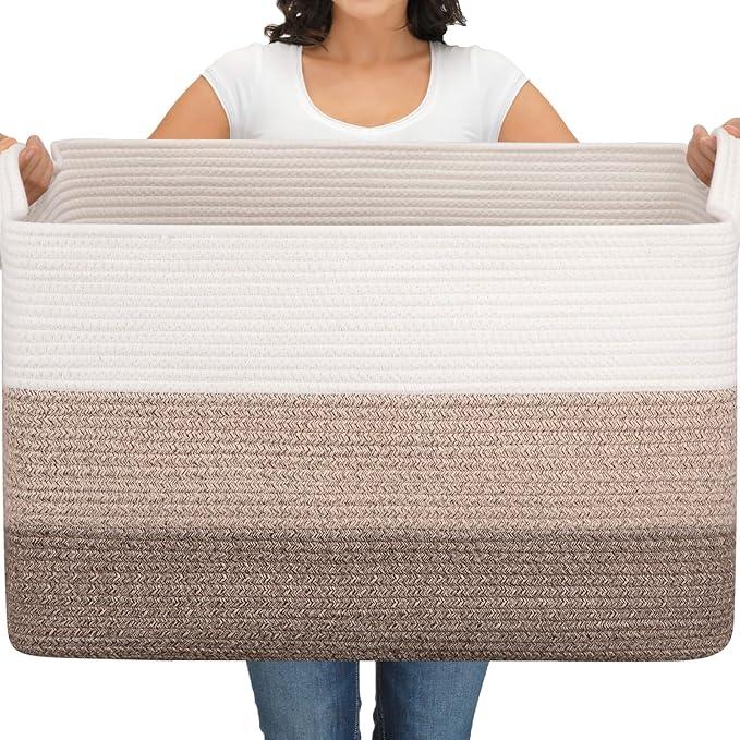 OIAHOMY Extra Large Blanket Basket, 110L Cotton Rope Woven Laundry Basket, Toy Bin for Baby Room, Container for Blanket Storage in Living Room, 24.8''×17.3''×15.8'', Gradient Brown