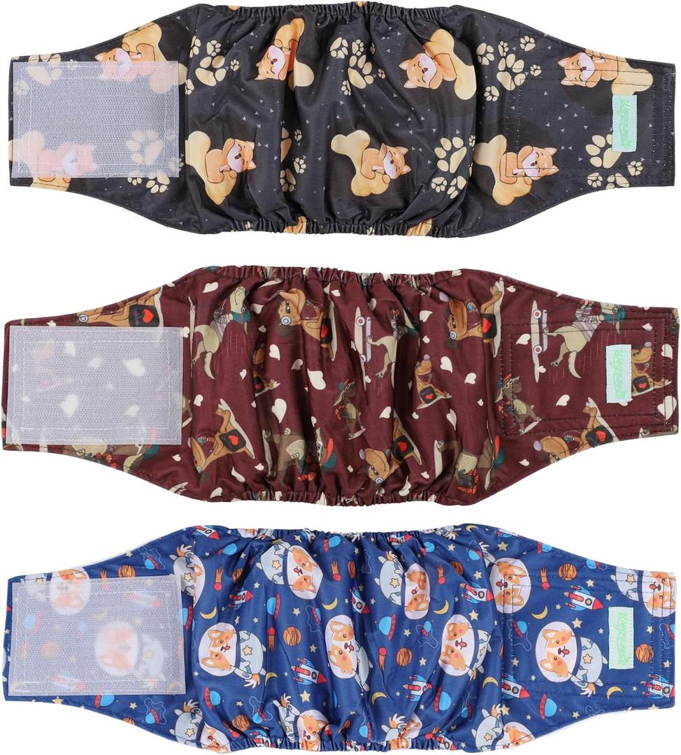 Wegreeco Washable Male Dog Belly Band (Stylish Pattern)- Pack of 3 - Washable Male Dog Belly Wrap, Dog Diapers Male (Funny Dogs, Medium)