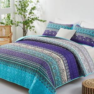 WONGS BEDDING Boho Queen Quilt Set, Blue Purple Bohemian Queen Quilt Bedding Set, Lightweight Microfiber Bed Decor Bedspread for All Season 96"x90"(3 Pieces)