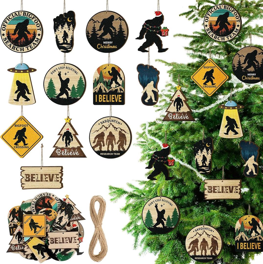 36 Pcs Bigfoot Sasquatch Ornament Gifts for Christmas Tree Hanging Double-Sided Printing Wooden Funny Bigfoot Supernatural Decor for Xmas Tree Home Decoration Lover