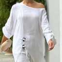 CHICME Women 2 Piece Outfits Cold Shoulder Long Sleeve Top Wide Leg Pants Linen Matching White Lounge Set Casual Vacation Outfits-XL