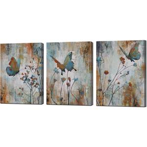 Biuteawal 3 Panel Canvas Print Teal Brown Butterfly Flower Painting Wall Art Plant Floral Picture Print on Canvas Vintage Artwork for Home Living Room Bedroom Bathroom Wall Decor Ready to Hang