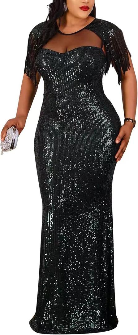 Cololura Sexy Sequin Tassel Mesh Perspective Party Cocktail Bodycon Evening Club Maxi Dress (3X-Large, Black)