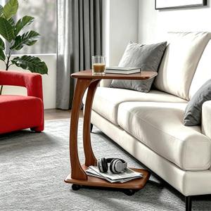 C Shaped End Table, C Table with Wheels, TV Tray Table, Side Table for Living Room, Bedroom (Walnut Color) (18.1" D x 13.7" W x 24.8" H)