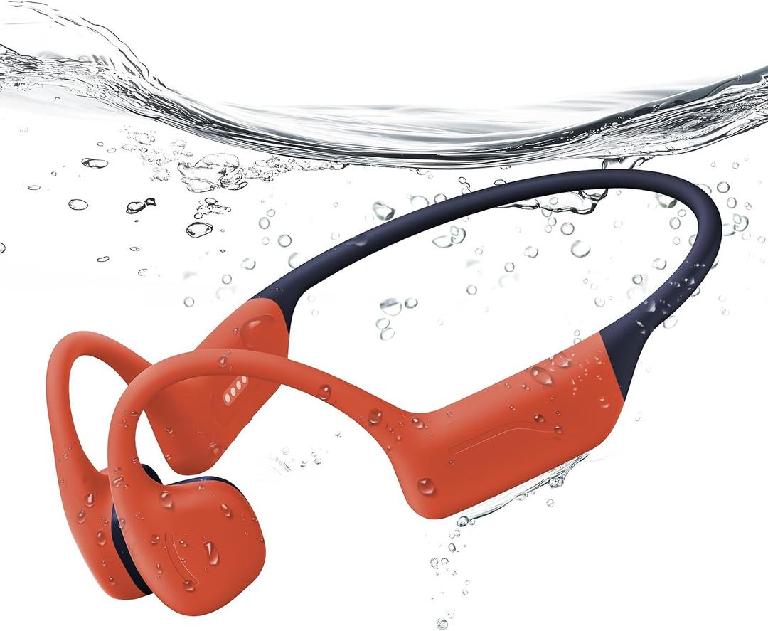 Full-Coverage Liquid Silicone Swimming Headphones, IP68 Waterproof Underwater Headphones, Bluetooth 6.0&MP3 with 32GB Memory Card, Soft/Skin-Comfortable Open Ear Bone Conduction Swim Earbuds(Carrot