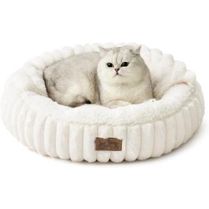 Cat Bed with Hooded Blanket, Round Fluffy Anti-Anxiety Pet Bed for Cats/Small Dogs, Cozy Donut Cuddler with Machine Washable Faux Fur & Anti-Slip Bottom(23"×23"×6",Cream)