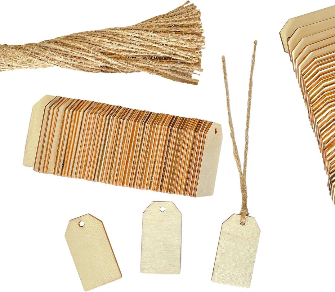 200 Pack 2.2 Inch Wood Tags with Hole and Twine, Clipped Corner Rectangle Wooden Gifts Tag for Crafts Unfinished Labels (1.2x2.2 in)