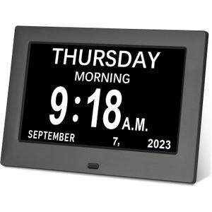 7 inch Digital Day Dementia Clock for Seniors, Large Medication Reminders Calendar Clock with Day of The Week, Date Time for Elderly Vision Impaired, Memory Loss, Black