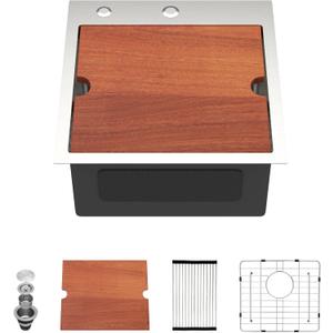 Dcolora Drop In Bar Sink 17x18x9 Inches, Workstation with Accessories, Brushed 304 Stainless Steel, Heavy Duty 16 Gauce, Small Single Bowl Perfect for Small Kitchen, Bar, Kitchen Island #DC-TW258003