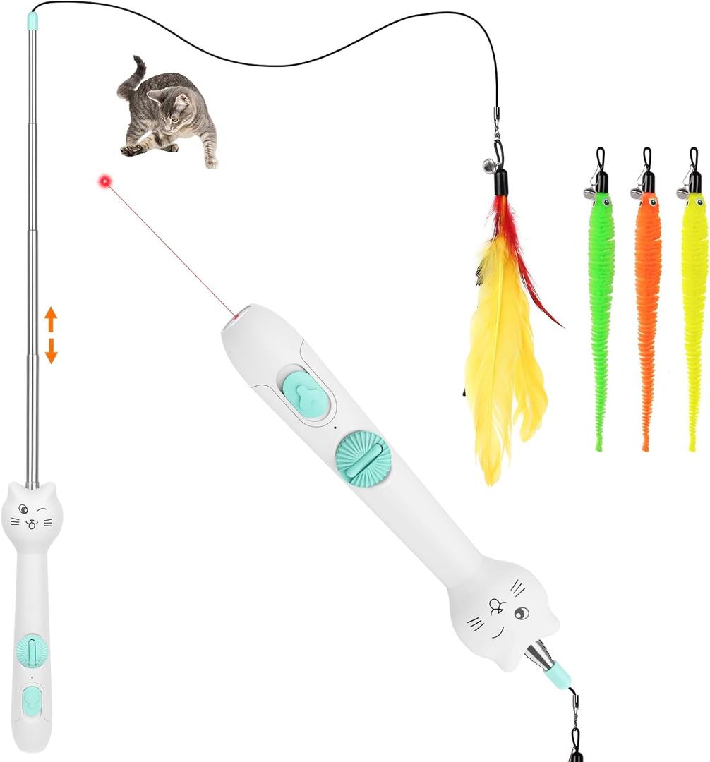 TBTeek Cat Toy, 2in1 Light and Retractable Pole with Feather, Rechargeable, Long Range 5 Modes, Interactive Toy for Indoor Cat Kitten Dog