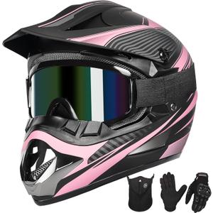 Yesmotor Youth Dirt Bike Helmet Quick Release Buckle - Dirt Bike Helmets for Kids, Youth ATV Helmet (Gloves Goggles Mask) 4Pcs Set - DOT Approved（Pink, S）