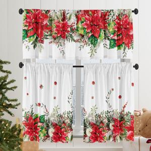 Christmas Poinsettia Curtain Valances Set Decoration, Suitable for Kitchen, Bedroom, 54lx18w Inch 27lx24w Inchx2, Xmas Elegant Holiday3-Panel Set