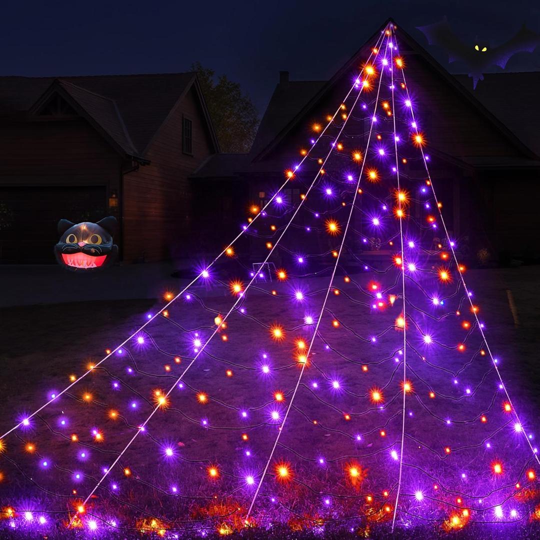 BlcTec Halloween Decorations Outdoor Huge Spider Web Decorations, 19.7ft x 14.7ft Sturdy Lighted White Spider Web with 250 LED Purple Orange Lights, 8 Modes, Timer, Waterproof for Outdoor Decor