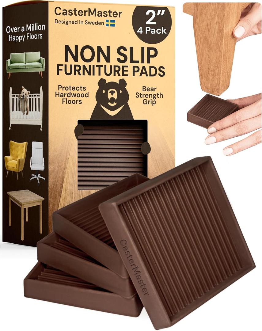 CasterMaster Non-Slip Furniture Pads Square Rubber Anti-Skid Caster Cups, Leg Coasters - Anti-Sliding Floor Protectors for Furniture (Brown, 2'' x 2'' - 4 Pack) (2'' x 2'' (Pack of 4))