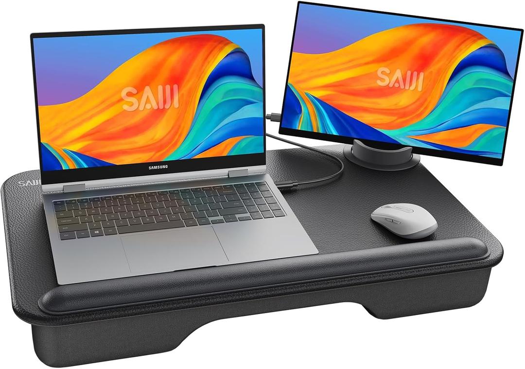SAIJI Laptop Lap Desk - Fits Up to 17" Laptops, Lightweight Lap Tray Table Stand with Soft Leather Wrist Pad, External Monitor Holder, Lap Desk with Cushion for Home Office Working/Gaming On Couch (Deep Black)