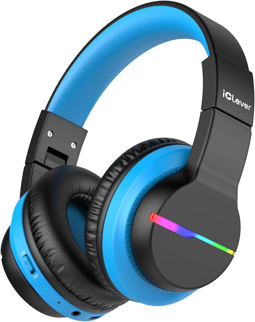 iClever BTH12 Kids Bluetooth Headphones,Colorful LED Lights,74/85dBA Safe Volume,85H Playtime,Bluetooth 5.2,Over Ear Wireless Headphone Built-in Mic for iPad/Tablet/Airplane, Deep Black