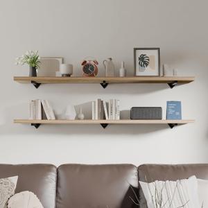 Long Wall Shelves 60 inch,Long Floating Shelf for Wall Set of 2, Large Shelves with Metal Brackets, Farmhouse Bookshelf for Bedroom, Living Room and Bathroom, 2T60IN Wood