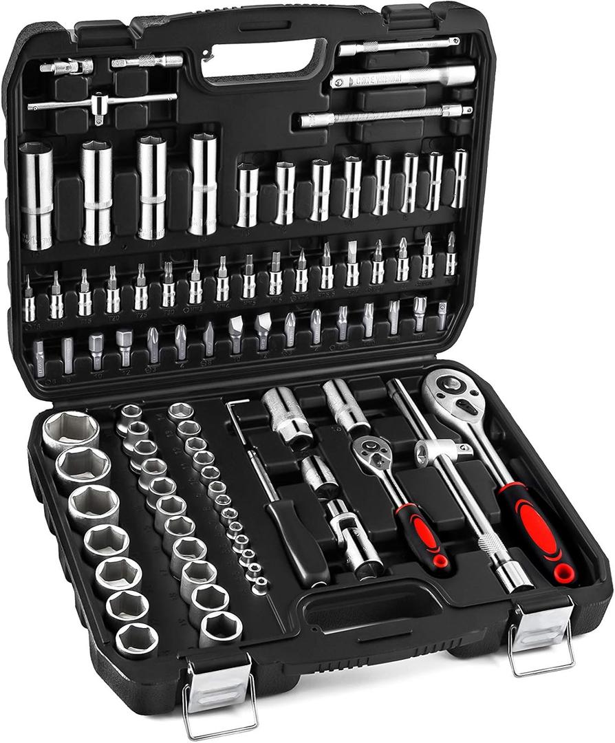 XHTT 94 Piece Tools For Mechanics,Metric And Standard 1/4,1/2 Socket Set,And Ratchet Set,Universal Joint,Extension Bars And Quick Release Reversible Ratchet Wrench,Plastic Toolbox Storage.