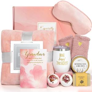 Birthday Gifts for Grandma, for Women, Mothers Day Self Care Gift, Unique Relaxing Spa Gift Basket with Luxury Flannel Blanket, Best Ideas for Grandmother Gigi Nana