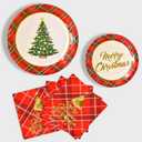 Gatherfun Christmas Party Supplies Christmas Tree Red Plaid Disposable Paper Dinner Plates Dessert Plates and Napkins for Party, Serve 20