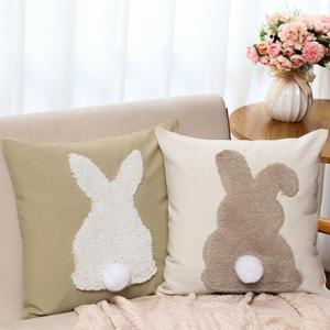 CroBlissful Tufting Easter Pillow Covers 18" x 18" Set of 2 Bunny Pillow Covers 3D Tufted Bunny Rabbit Throw Pillowcase Easter Decorative for Bedroom Sofa Home Decor(Beige,Linen)