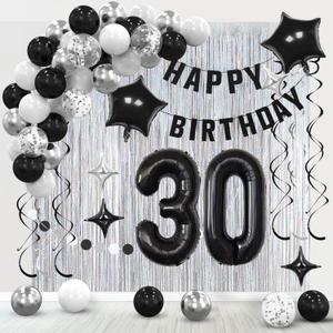 30th Birthday Decorations for Boys Girls, Silvery and Black Happy 30th Birthday Banner ,Number 30 Balloons Arch Kit for 30 year old Birthday Party Decorations
