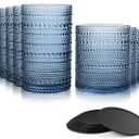 DmmyAlzx Hobnail Drinking Glasses Set of 12 Count, Vintage Glassware, Old Fashioned Glasses, 6 Highball Bubble Drinking Cups 15 oz, 6 Rocks Cups 14.5 oz with 12 Silicone Coasters, Blue