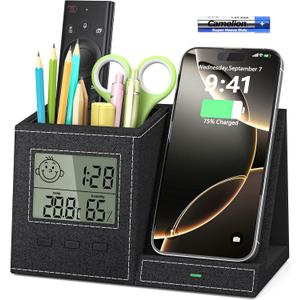 Multifunctional Pen Holder and Organizer for Desk with Wireless Charger, Digital Indoor Thermometer and Humidity Gauge, Home Office Organizers and Storage (Battery Included) (Black+Digital Clock)