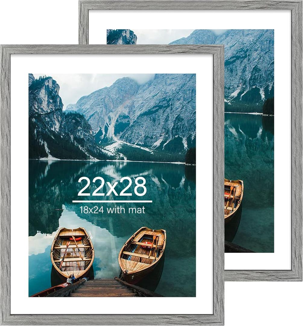 22x28 Frame Set of 2, Rustic Grey Wood Style - Display 18x24 Picture Frame with Mat or 22 x 28 Poster Frame without Mat, Wall Mounting Horizontal and Vertical